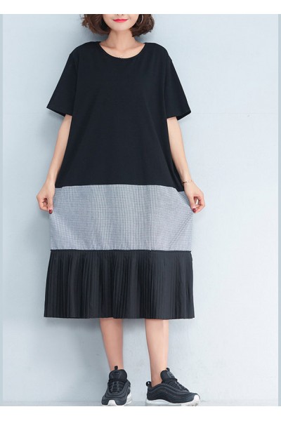 Style black cotton outfit Korea Inspiration patchwork o neck Dresses Summer Dress