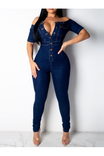 Collar Short Sleeve Buttons Bodycon Denim Jumpsuit Overalls HF2616-02-02