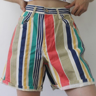 Striped denim shorts with loose rolled edge A-line hot pants HF2903-02-01 Striped denim shorts with loose rolled edge A-line hot pants HF2903-02-01