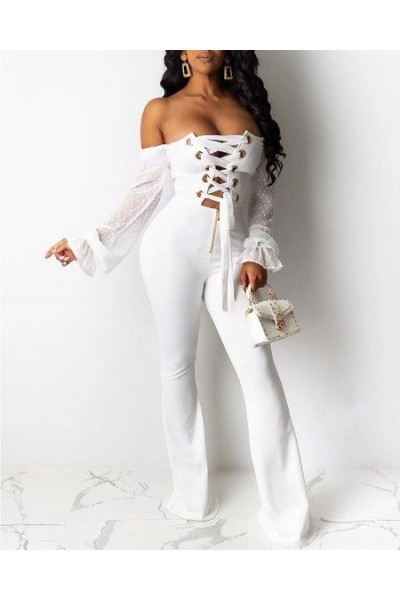 Button up flip collar micro flared pants jumpsuit HF3111-01-01