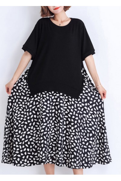 Women black Cotton tunic dress Casual pattern patchwork false two pieces oversized Summer Dresses
