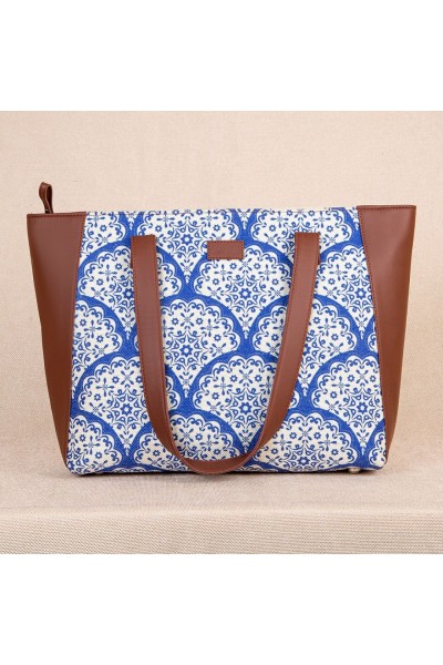 Floral Blue Pottery Side Tote Bag