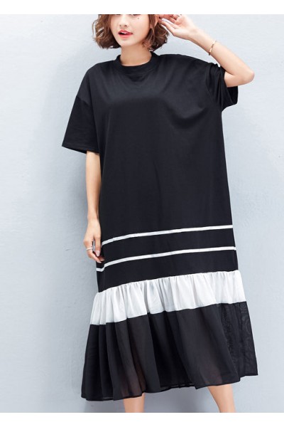 Handmade black Cotton Wardrobes plus size Photography patchwork Cinched shift Summer Dresses